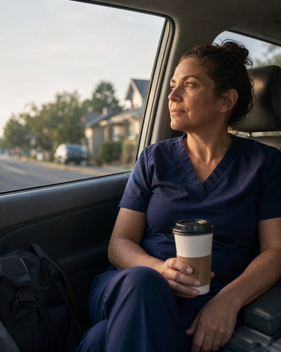 Home-health clinician sitting in a parked car between visits.